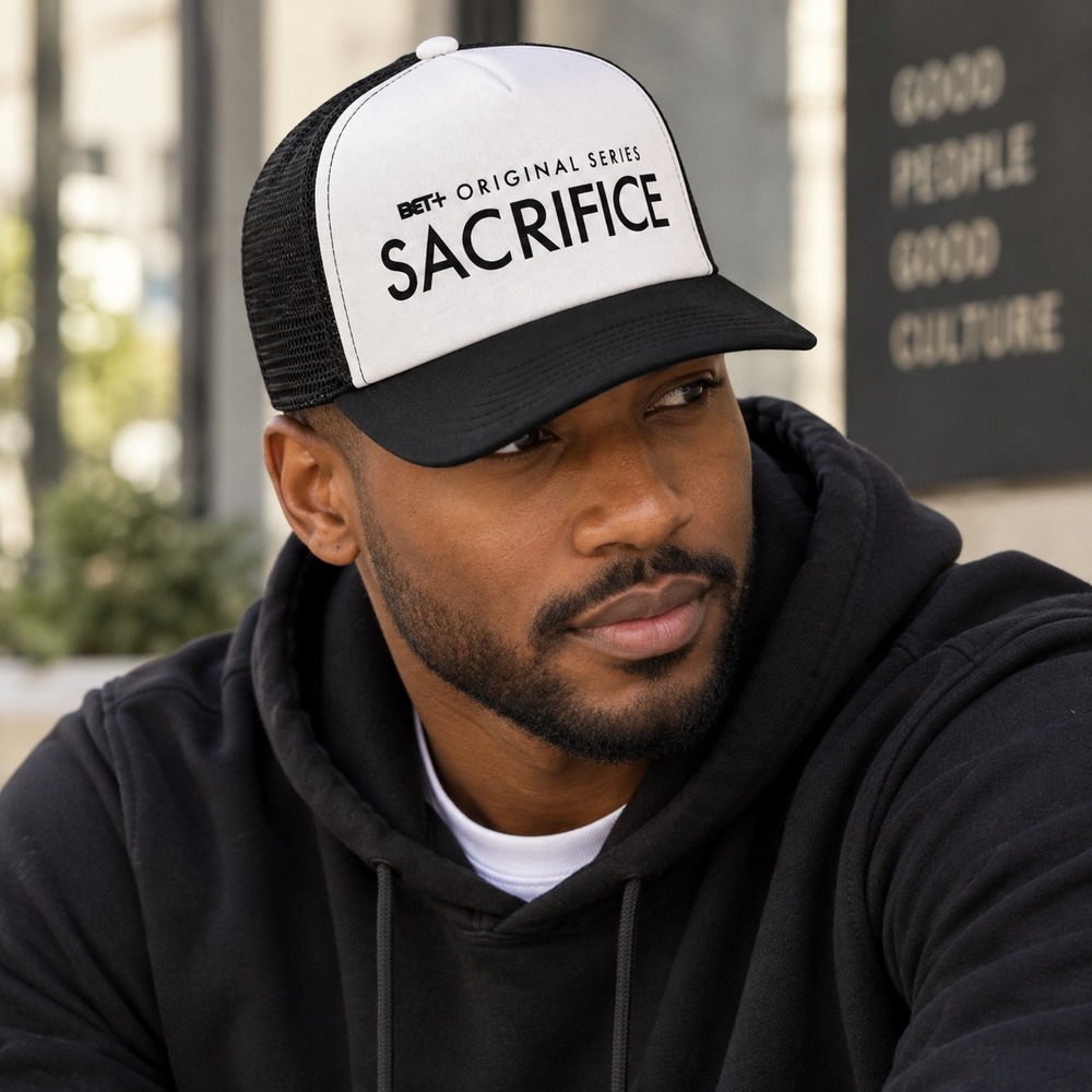 BET+ Original Series Sacrifice Black White Mesh Trucker Hat Snapback Promo Cap